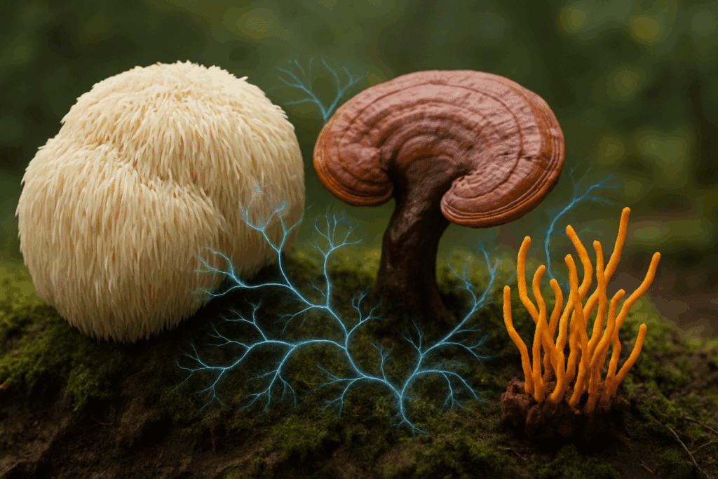 Lion’s Mane, Reishi, and Cordyceps mushrooms growing on a forest floor with glowing neural patterns, symbolizing a memory mushroom's cognitive benefits