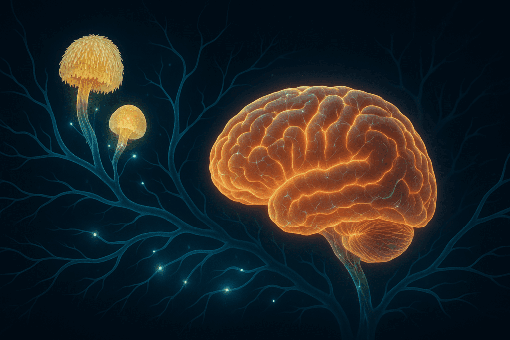 Glowing human brain with active neural pathways and bioluminescent memory mushroom compounds supporting synaptic regeneration