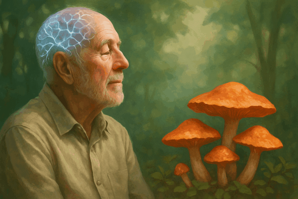 Elderly man in peaceful contemplation beside vibrant memory mushroom cluster in a forest, with neural patterns glowing subtly in his head.