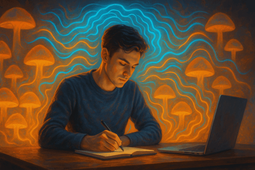 Young professional writing at a desk surrounded by glowing memory mushroom silhouettes and flowing brainwave energy patterns symbolizing enhanced focus