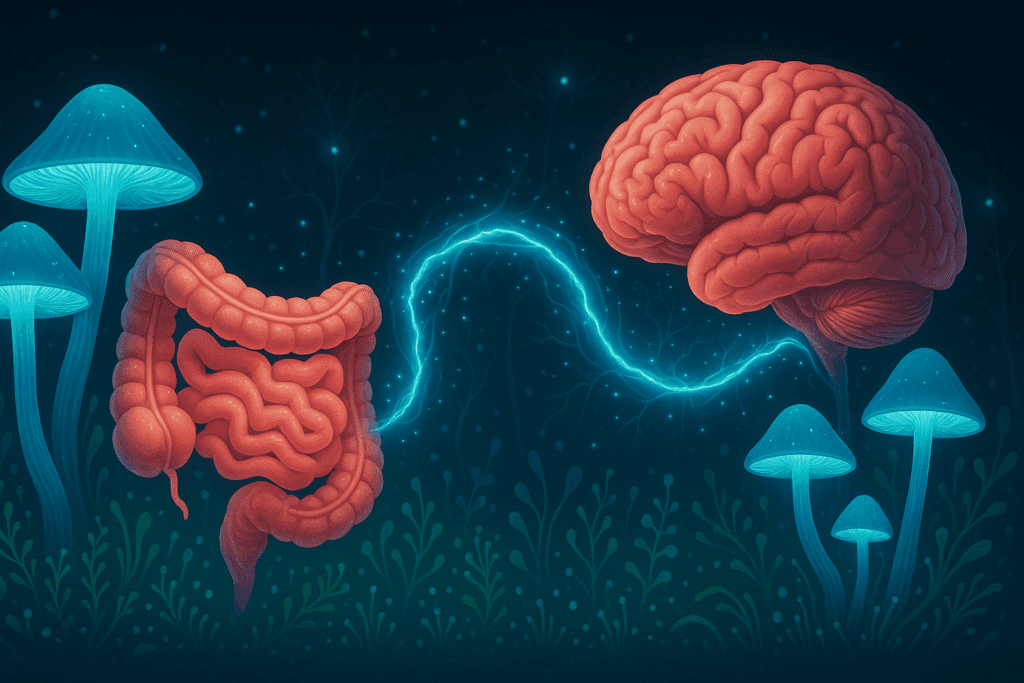 Human gut and brain connected by a glowing neural pathway, supported by memory mushrooms and surrounded by prebiotic flora.