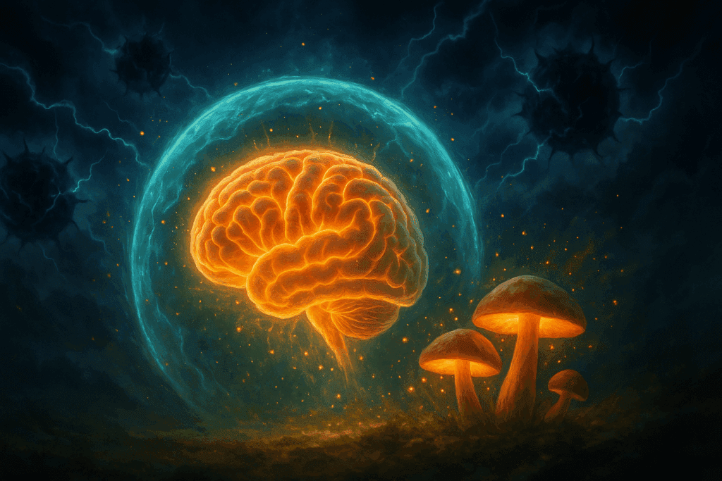 Glowing human brain shielded by radiant energy, with memory mushroom releasing protective particles against dark oxidative stress clouds