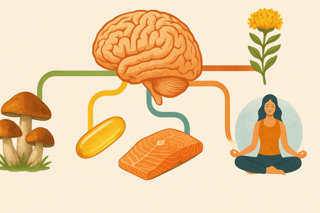 Infographic-style illustration showing a brain connected by color-coded pathways to a memory mushroom, omega-3 capsule, salmon, Rhodiola flower, and a woman meditating"