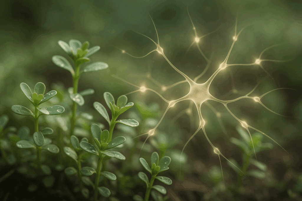 Close-up of Bacopa monnieri, a natural herb with dew-covered leaves, surrounded by glowing neural pathways, symbolizing herbs for focus
