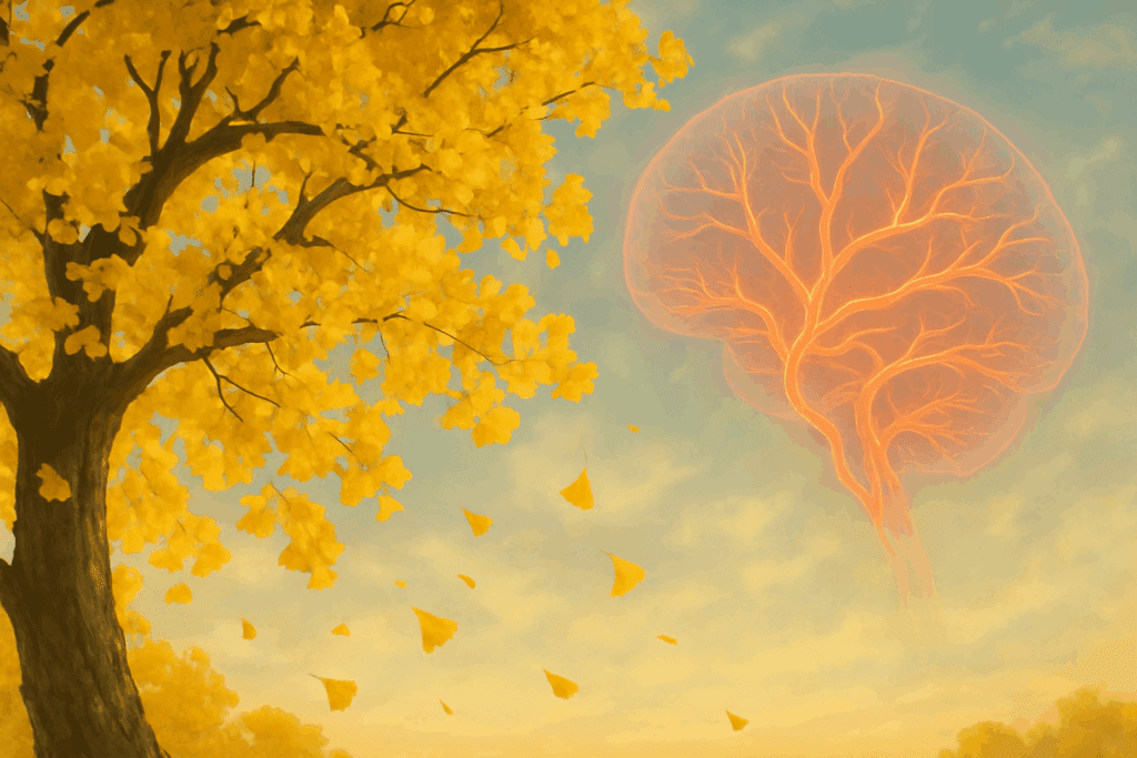 Ginkgo biloba tree with golden leaves in autumn beside a glowing brain artery visualization, symbolizing herbs for focus and cognitive health