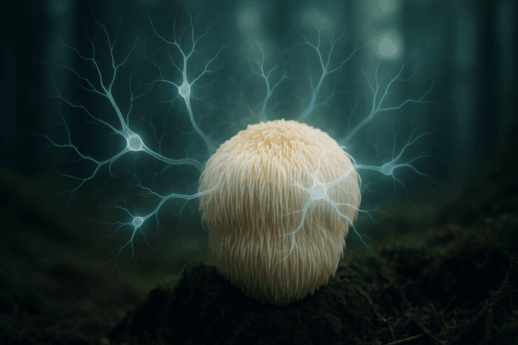 Lion’s Mane mushroom growing on a mossy forest floor with glowing neuron-like branches, symbolizing natural herbs for focus and brain health.