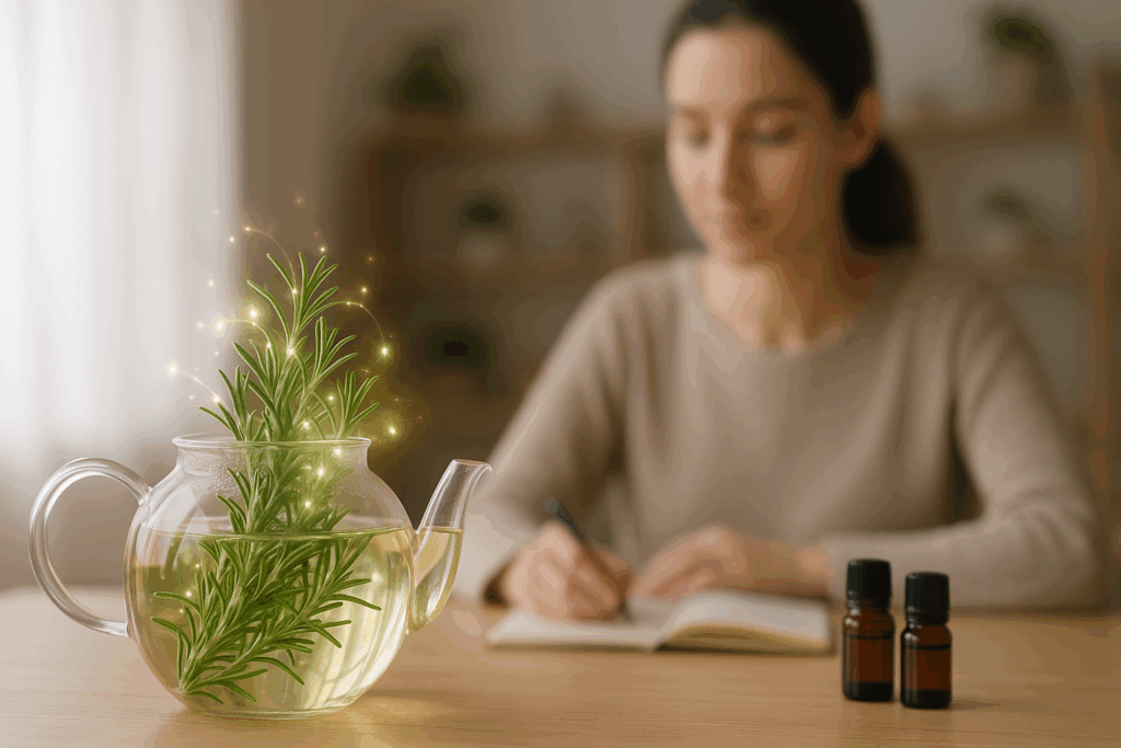 Glass teapot steeping rosemary with glowing herbs for focus on a wooden table, essential oils and focused woman in background