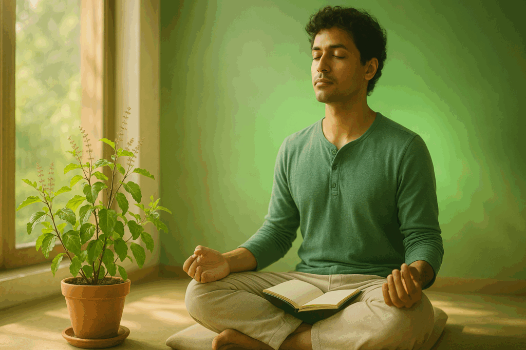 Person meditating beside a sunlit Tulsi plant, symbolizing natural herbs for focus, emotional clarity, and cognitive balance.