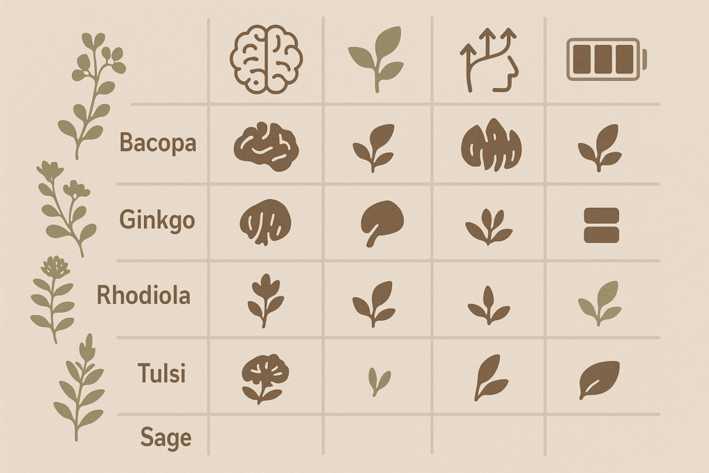 Infographic comparing six herbs for focus—Bacopa, Ginkgo, Lion's Mane, Rhodiola, Tulsi, and Sage—using icons for memory, stress relief, attention, and brain health