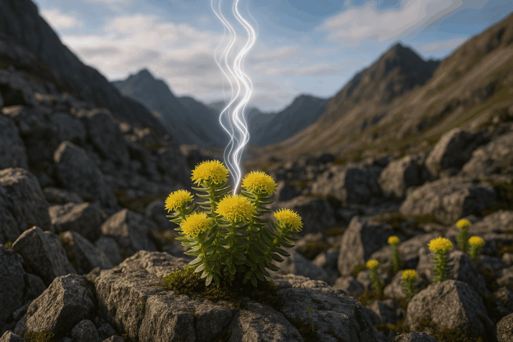 Rhodiola rosea blooming in a rocky alpine landscape, symbolizing resilience and energy, representing natural herbs for focus.