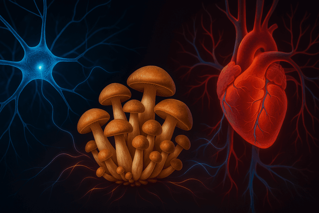 Split-screen image showing neurons and a glowing heart connected by the best nootropic mushrooms for heart health
