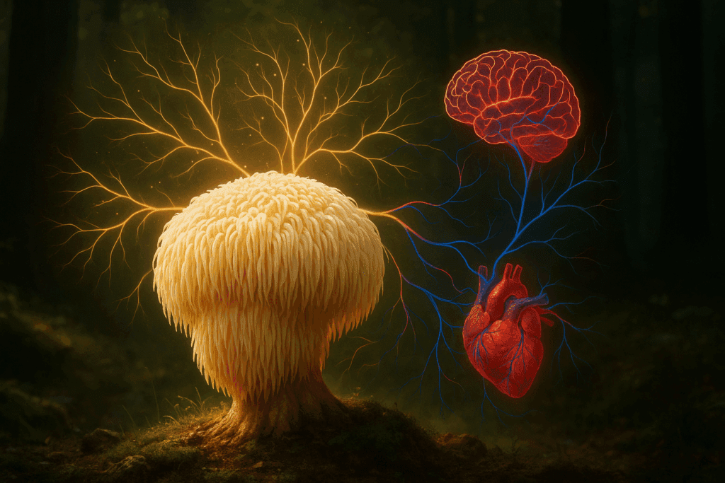 Lion’s Mane mushroom glowing in a forest clearing with golden neural strands connecting to heart and brain, symbolizing the best nootropic mushrooms for heart health.