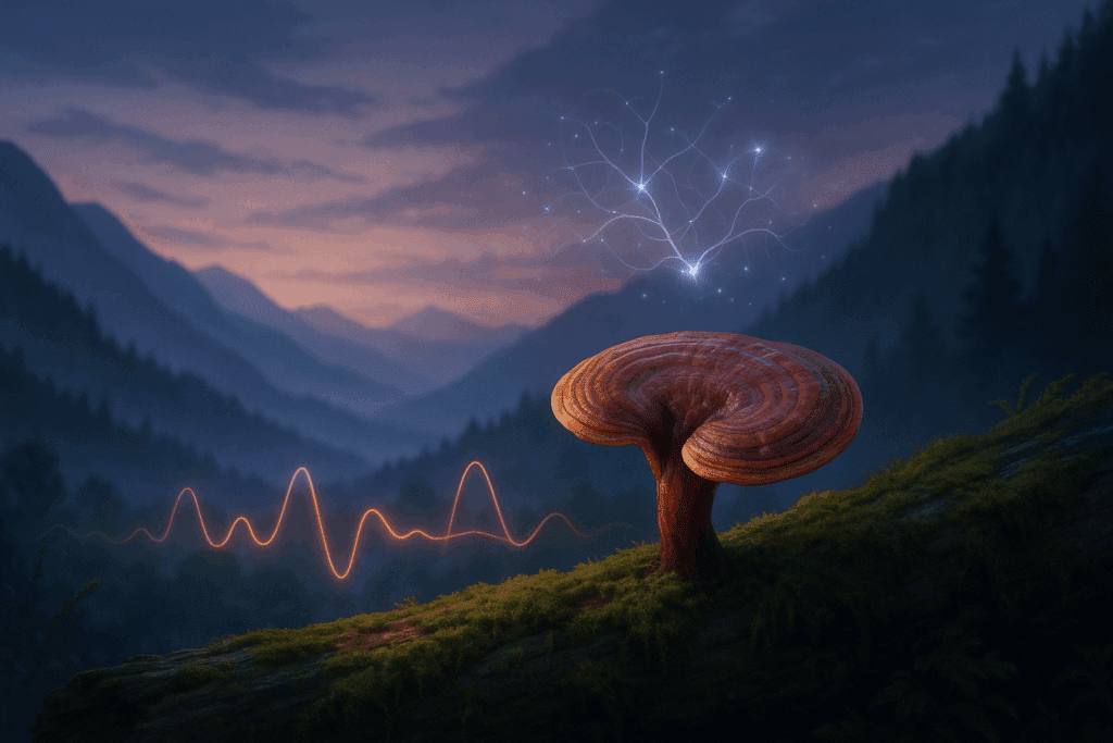 Reishi mushroom glowing on a mossy log at twilight in a misty mountain landscape, symbolizing the best nootropic mushrooms for heart health
