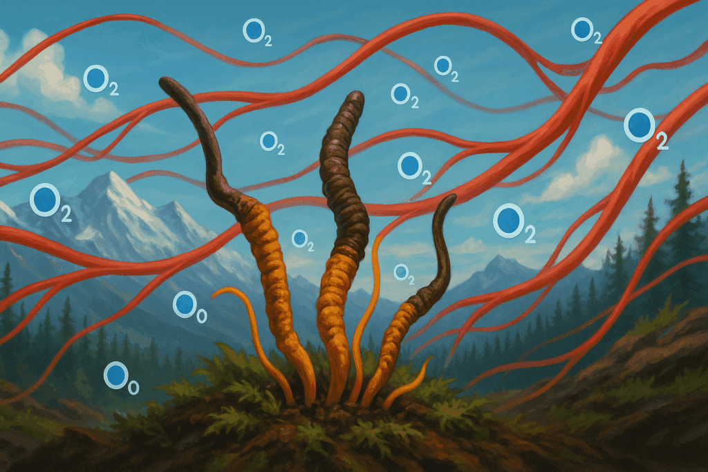 Cordyceps mushrooms growing in a mountain forest with flowing blood vessels and oxygen particles, symbolizing the best nootropic mushrooms for heart health