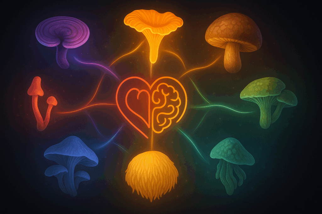 Seven glowing mushrooms encircle a stylized heart and brain diagram with radiant pathways, symbolizing the synergistic effects of the best nootropic mushrooms for heart health.