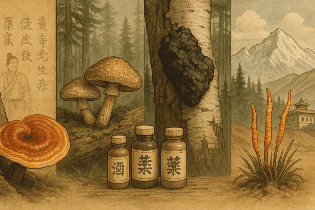 Historical montage showing the best nootropic mushrooms for heart health—Reishi, Shiitake, Chaga, and Cordyceps—in traditional Asian and Siberian settings.