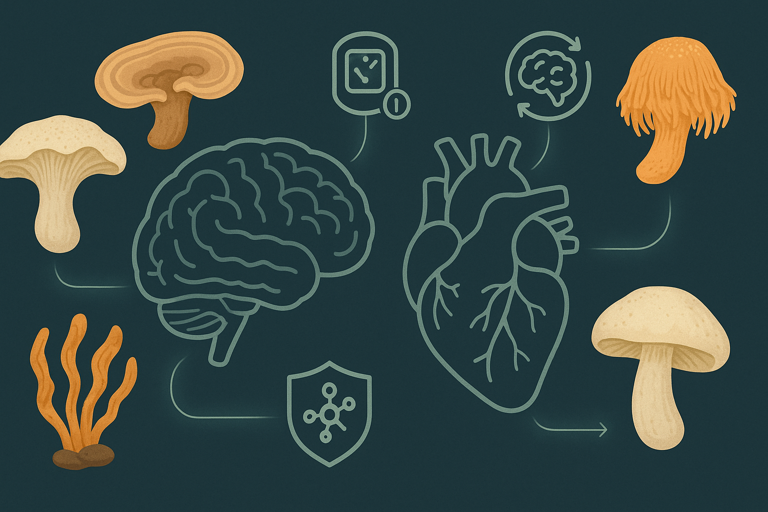 Stylized infographic showing brain and heart with glowing lines linking the best nootropic mushrooms for heart health to benefits like blood pressure, memory, and circulation.