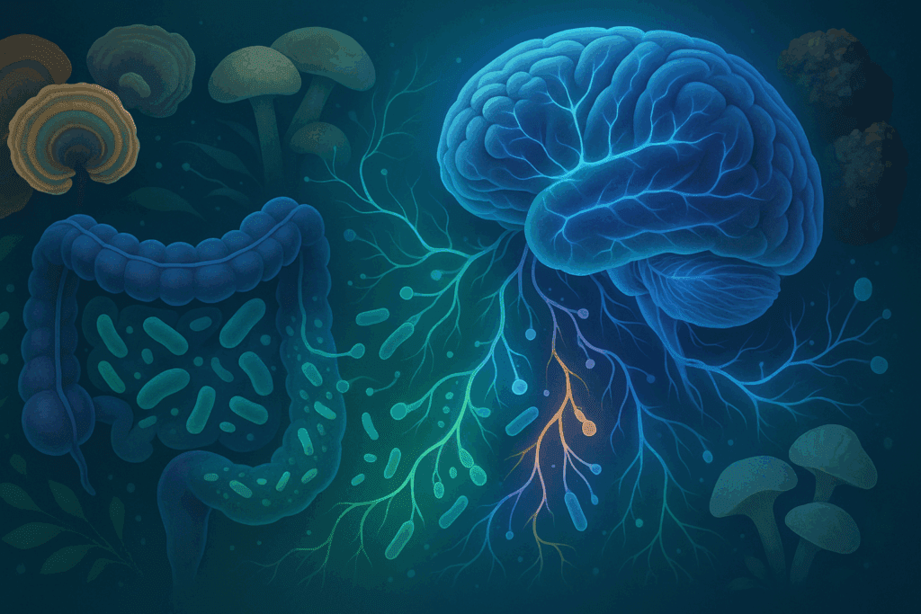 Visualization of gut-brain connection with neural and microbial pathways, highlighting mushrooms’ role in cognitive improvement