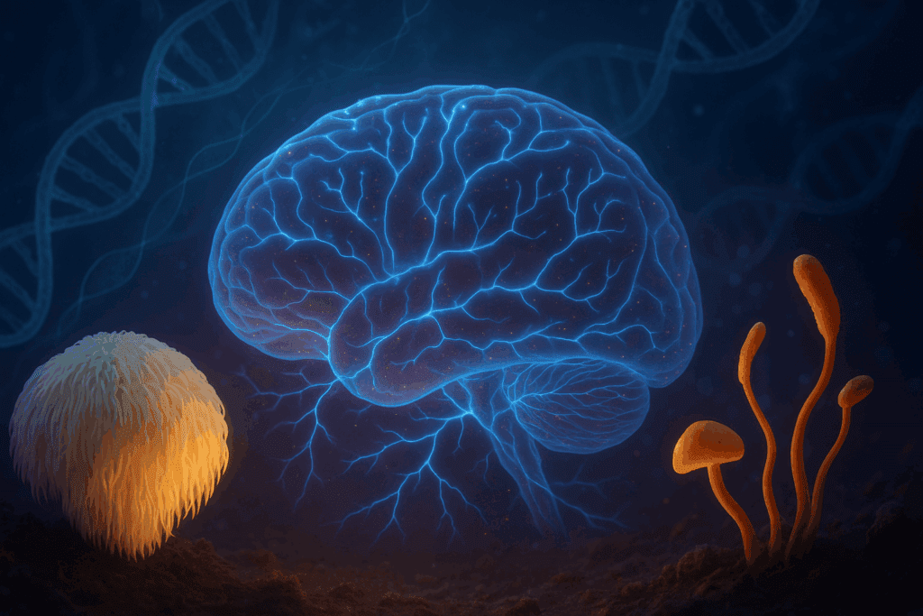 Glowing human brain with electric-blue neural pathways forming new synapses, surrounded by Lion’s Mane and Cordyceps mushrooms, symbolizing neuroplasticity and cognitive improvement.