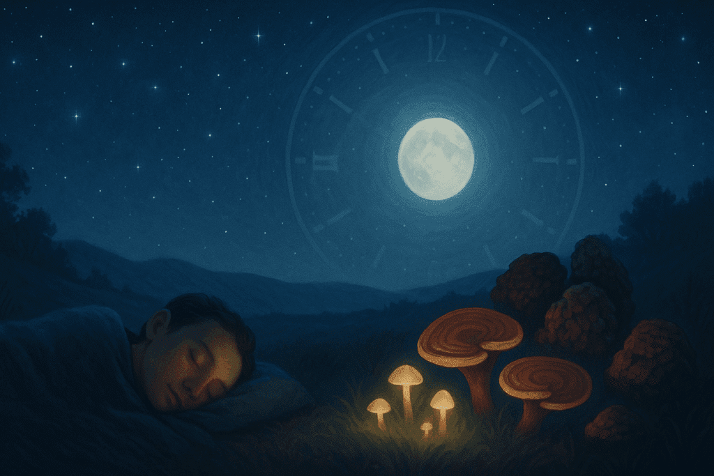 Person sleeping under a starry sky with glowing Reishi and Chaga mushrooms nearby, symbolizing circadian rhythm and nighttime cognitive improvement
