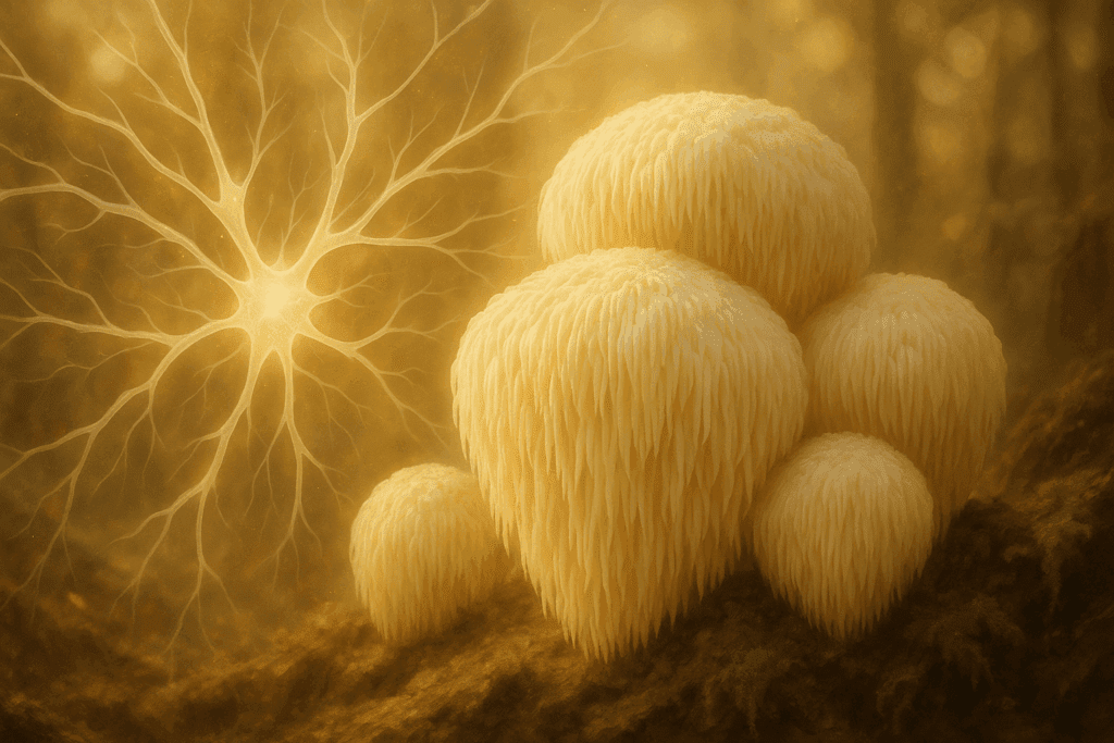 Lion’s Mane mushrooms growing on a forest floor with abstract neural connections glowing in warm light, symbolizing cognitive improvement.