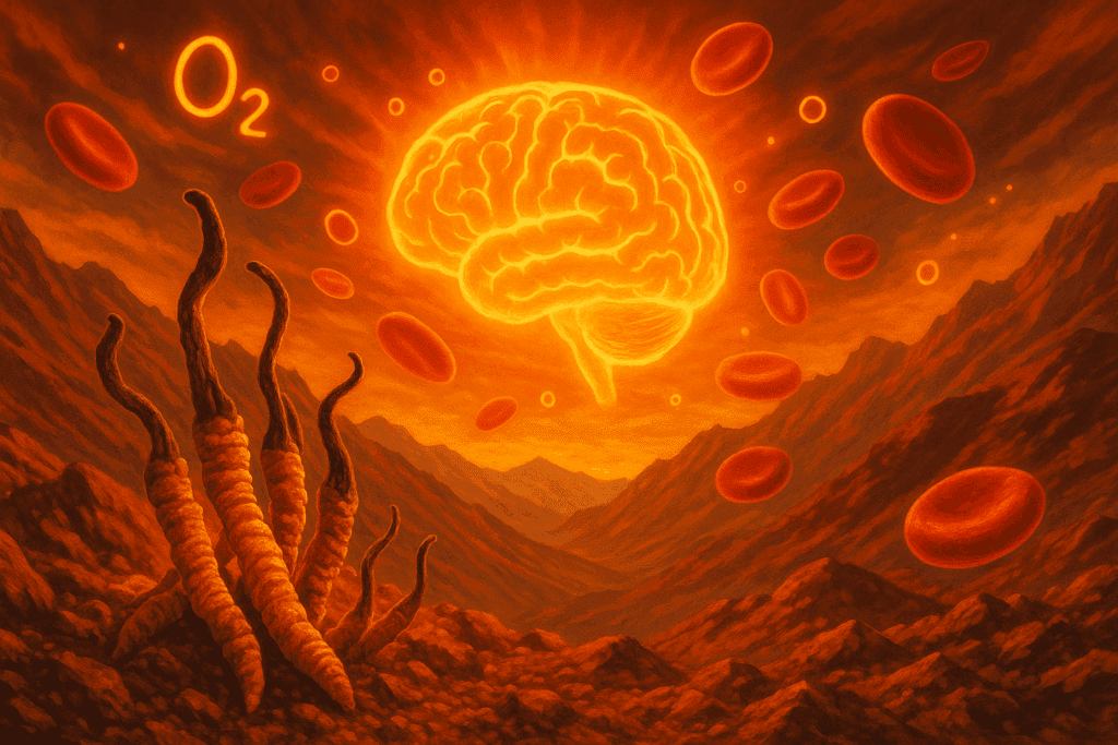 Cordyceps mushrooms in a high-altitude mountain landscape with red blood cells and oxygen symbols surrounding a glowing brain, symbolizing cognitive improvement