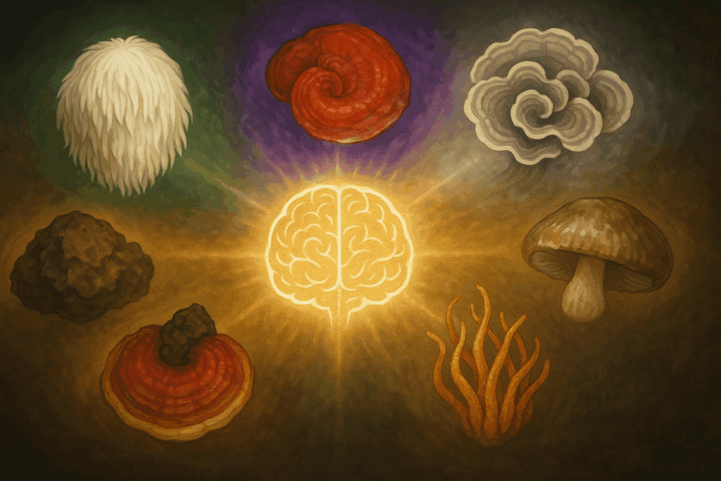 Circular arrangement of Lion’s Mane, Reishi, Chaga, Cordyceps, Shiitake, and Turkey Tail mushrooms radiating colored auras into a glowing brain symbol, representing synergy and cognitive improvement