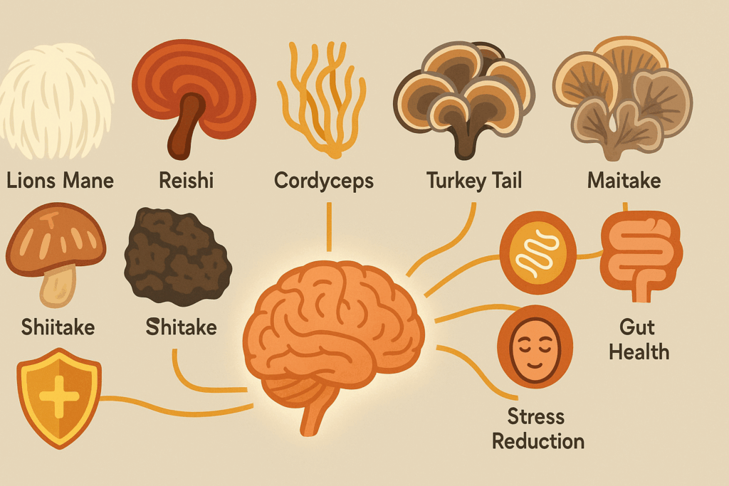 Horizontal infographic illustrating mushroom 7 benefits with symbolic visuals of Lion’s Mane, Reishi, Cordyceps, Chaga, Shiitake, Turkey Tail, and Maitake enhancing brain health, stress reduction, and gut function.