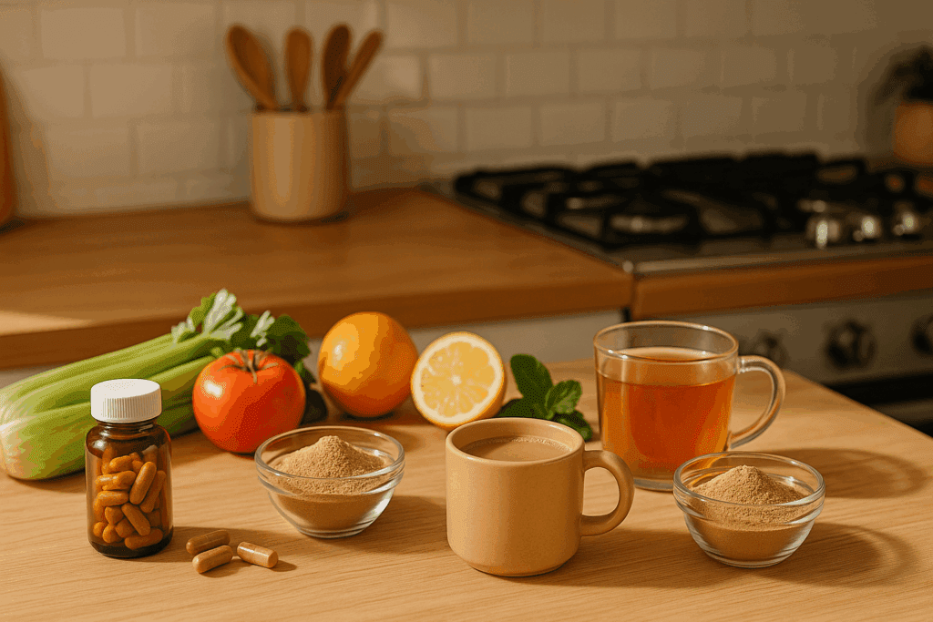 Wellness-focused kitchen counter with mushroom extract capsules, powders, and teas arranged alongside fresh fruits and herbs, illustrating daily use of mushroom 7 benefits.