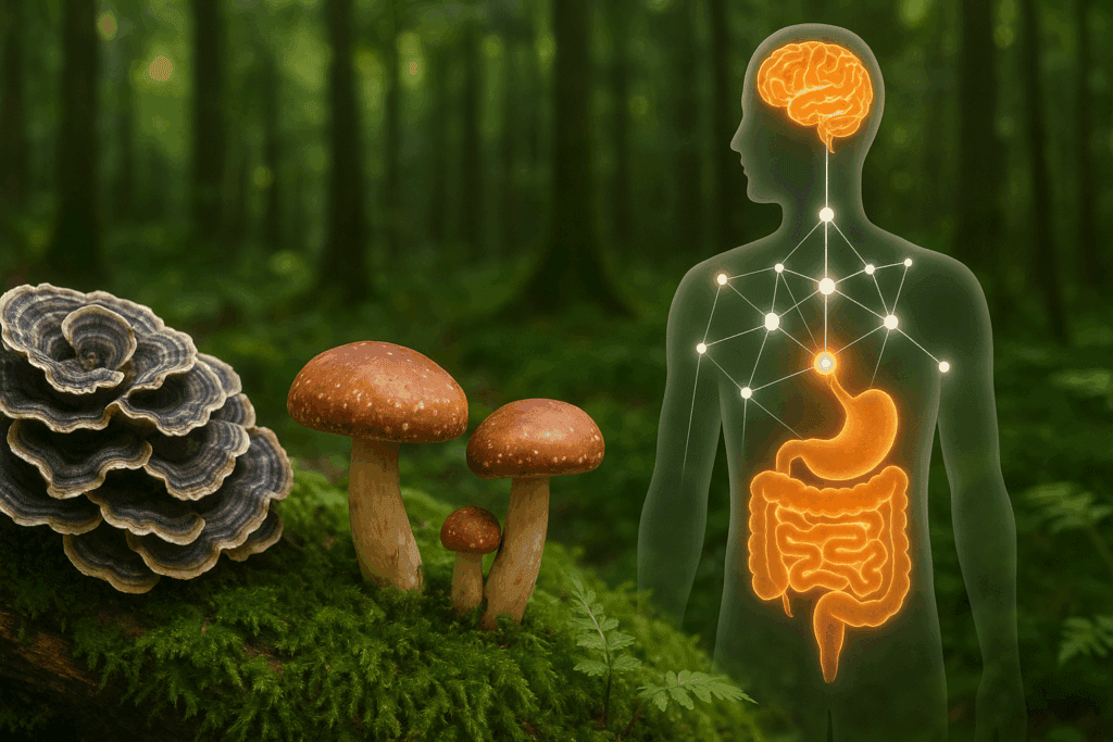 Turkey Tail and Shiitake mushrooms in a forest with a glowing human silhouette illustrating gut-brain and immune connection, highlighting mushroom 7 benefits