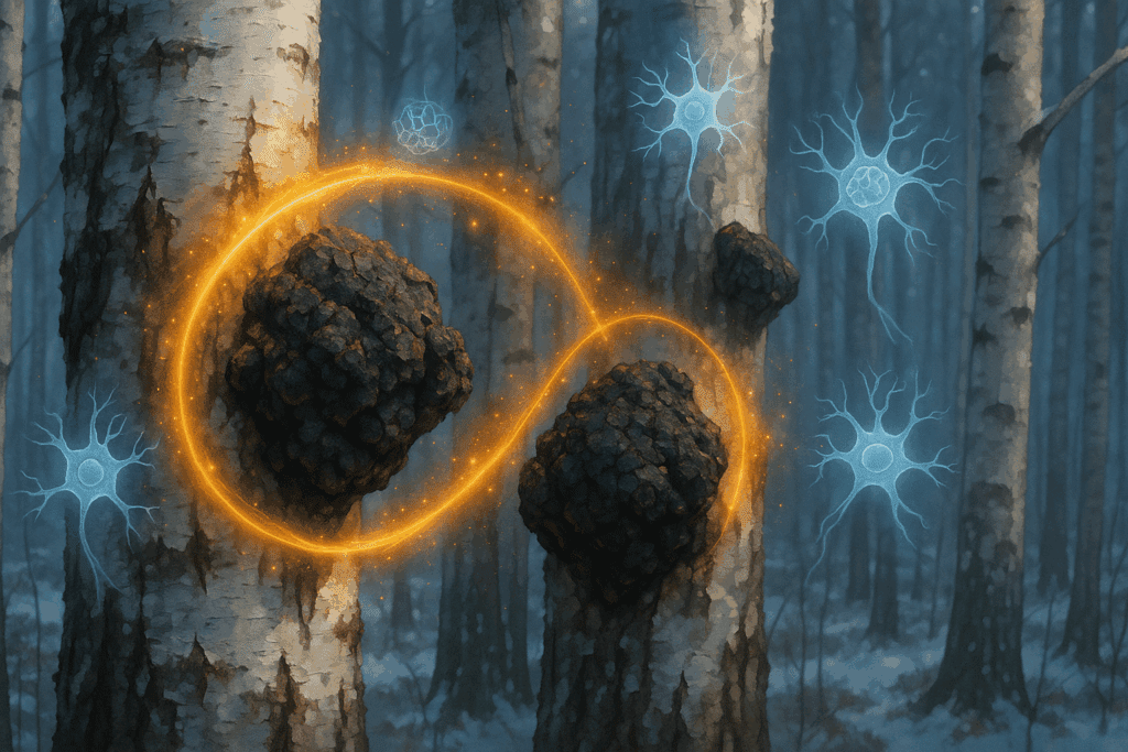 Chaga mushrooms glowing on birch trees in a snowy forest, symbolizing antioxidant protection and mushroom 7 benefits