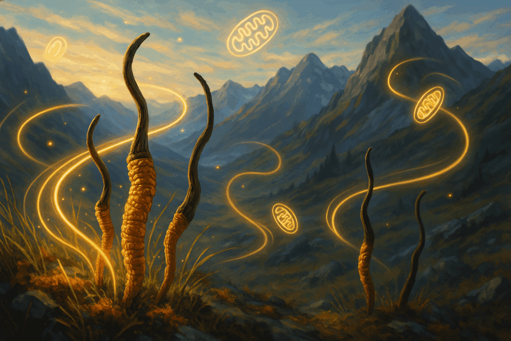 Cordyceps mushrooms growing in a glowing high-altitude landscape with mitochondria visuals, symbolizing endurance and mushroom 7 benefits.