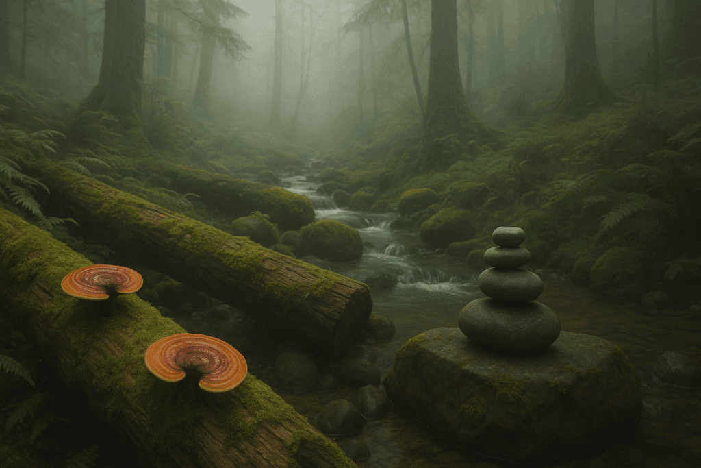 Reishi mushrooms growing on mossy logs in a misty forest with balanced stones and a stream, symbolizing mushroom 7 benefits for stress relief and emotional balance.