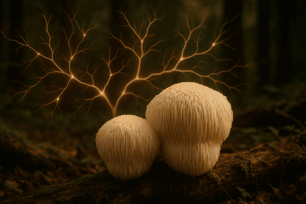 Lion’s Mane mushrooms growing on a mossy forest log with glowing neural pathways symbolizing mushroom 7 benefits for brain regeneration