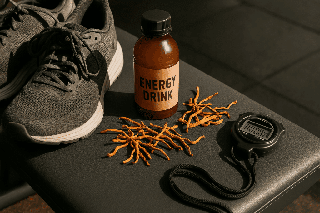 Cordyceps energy drink and fungus on a gym bench with running shoes and stopwatch, promoting drinks that give you energy without caffeine.
