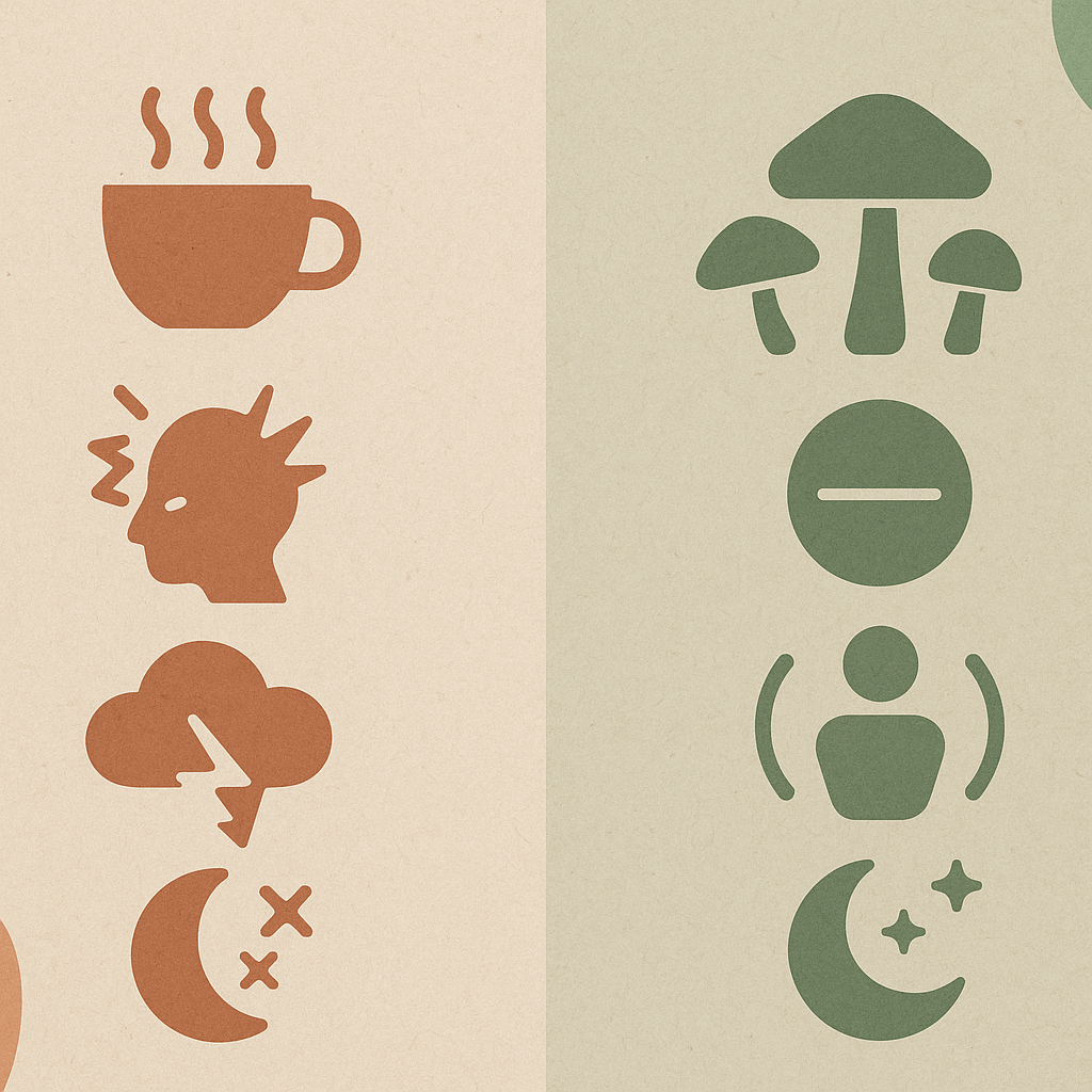 Split-screen infographic showing icons of jittery caffeine effects versus calming mushroom-based benefits, promoting drinks that give you energy without caffeine.