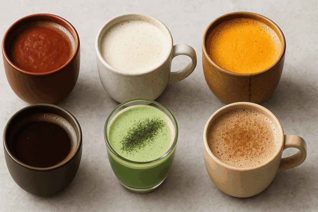 Six colorful adaptogenic mushroom drinks in ceramic and glass cups representing drinks that give you energy without caffeine.