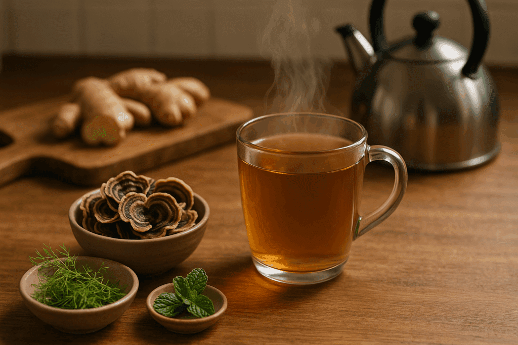 Steaming cup of Turkey Tail mushroom tea with dried mushrooms, fennel, and mint—one of the best drinks that give you energy without caffeine.