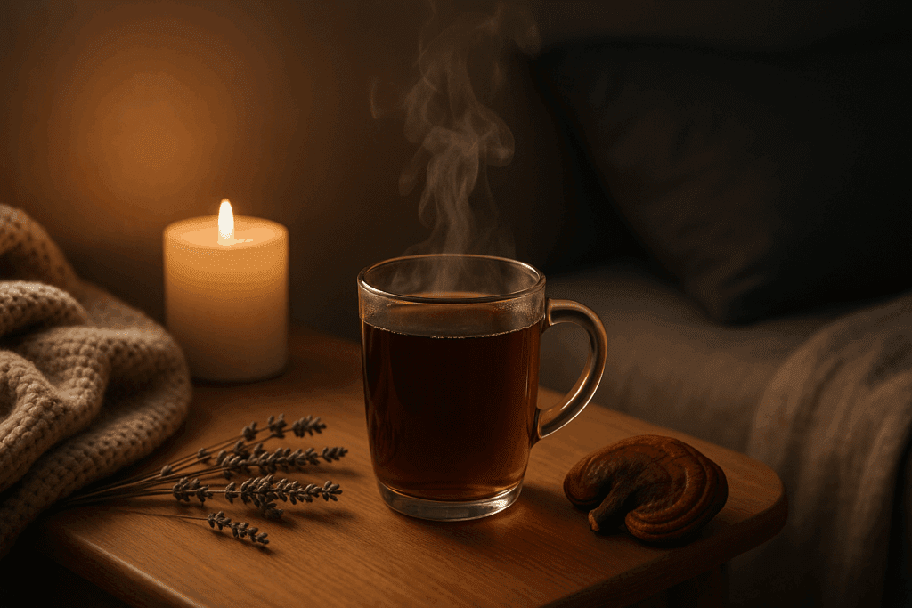 Steaming Reishi tea on a bedside table with candlelight, lavender, and blanket—ideal for drinks that give you energy without caffeine