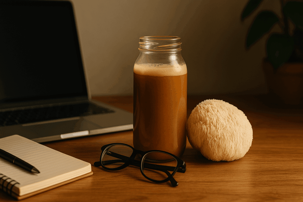 Lion’s Mane mushroom tonic on a wooden desk beside a laptop and notepad, representing drinks that give you energy without caffeine.