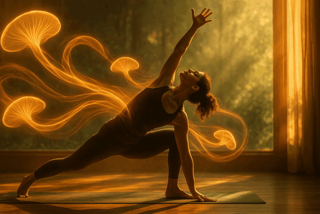 Woman performing dynamic yoga in sunlit room with glowing mushroom energy trails, showing how to get energized for a workout