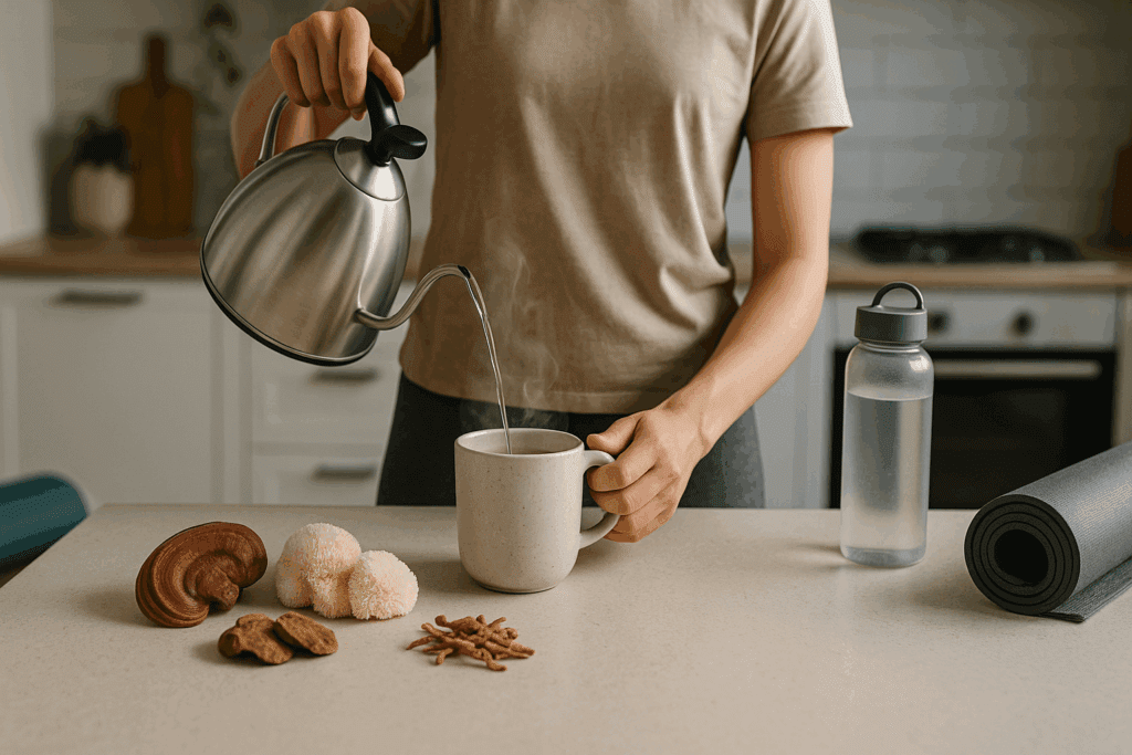 Person pouring hot water into a mug for a mushroom tonic with Reishi, Cordyceps, and Lion’s Mane on the counter, showing how to get energized for a workout.