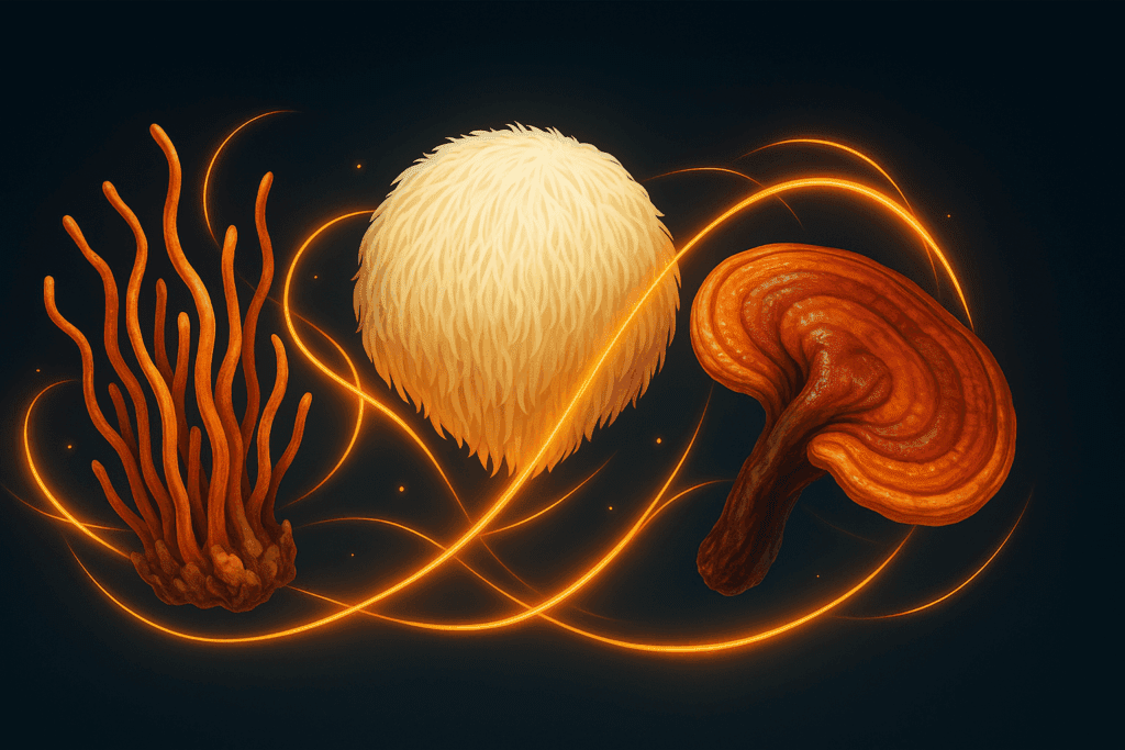 Cordyceps, Lion’s Mane, and Reishi mushrooms glowing with energy flow lines—natural adaptogens showing how to get energized for a workout