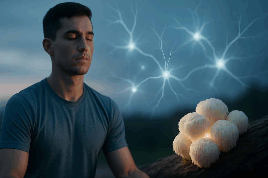 Man meditating before a workout with glowing neurons and Lion’s Mane mushrooms, symbolizing how to get energized for a workout