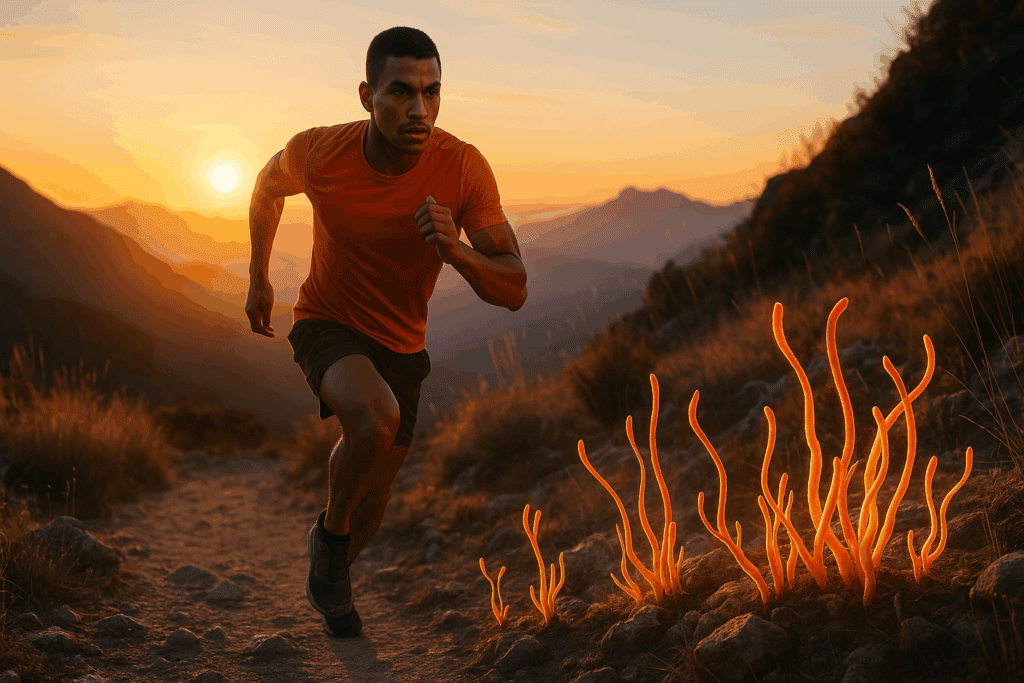 Runner on a sunrise mountain trail with cordyceps mushrooms, symbolizing how to get energized for a workout
