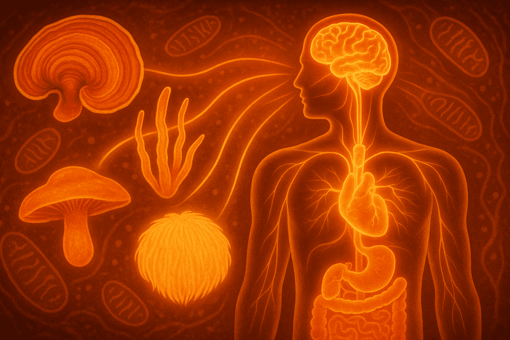 Human body glowing with energy pathways connected to Reishi, Cordyceps, and Lion’s Mane mushrooms, symbolizing how to get energized for a workout through adaptogens