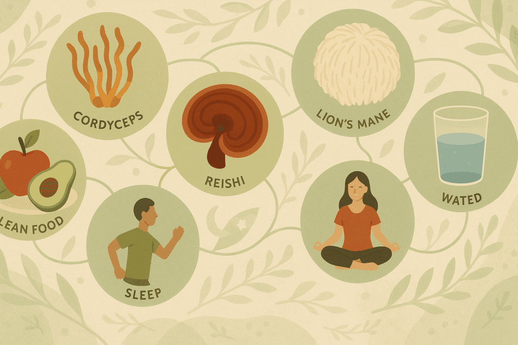 Infographic showing mushrooms and healthy lifestyle icons like sleep, hydration, and mindfulness, promoting lots of energy.