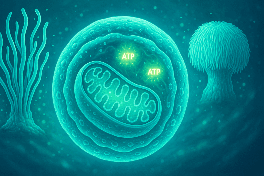 Human cell with active mitochondria producing glowing ATP molecules, surrounded by Cordyceps and Lion’s Mane mushrooms, symbolizing lots of energy at the cellular level.