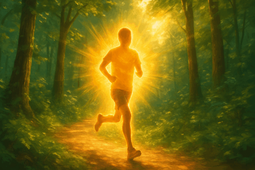 Person glowing with lots of energy while jogging through a sunlit forest trail, surrounded by vibrant greenery and motion blur.