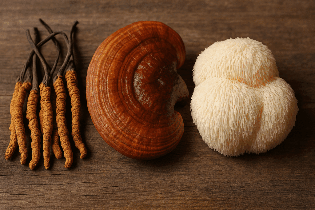 Cordyceps, reishi, and lion’s mane mushrooms arranged on rustic wood to highlight adaptogens that naturally support lots of energy